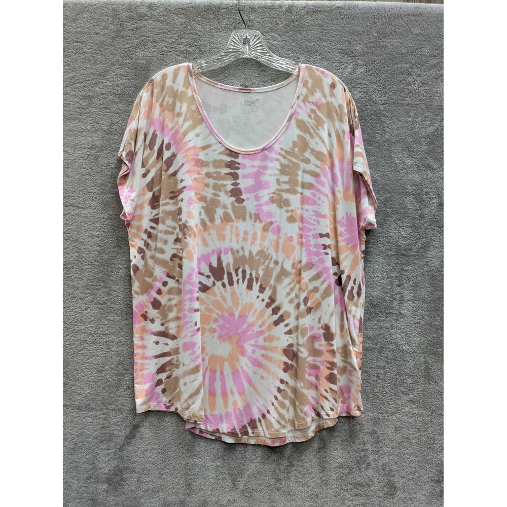Boho Tie Dye T-Shirt Womens XL Pink Brown Lands End Short Sleeve Scoop Neck